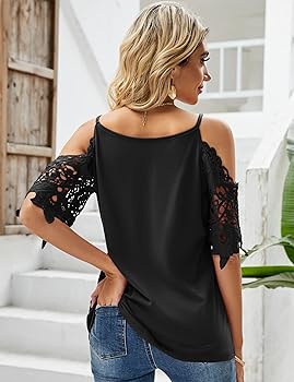 Womens Summer V Neck Cold Shoulder Tops T Shirts Cut Out Lace Short Sleeve Solid Color Blouses Shirt